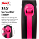 Nahaufnahme einer pinken flexi ausziehbaren Hundeleine mit einem schwarzen Griff und einem 360°-Gurtsystem, mit deutschem Text zur Funktionalität.