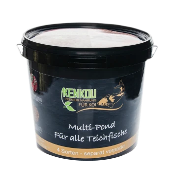 Schwarzer Eimer mit der Aufschrift "KENKOU Premium Nahrung für Koi" mit dem Text "Multi-Pond für alle Teichfische" und "4 Sorten - separat verpackt."