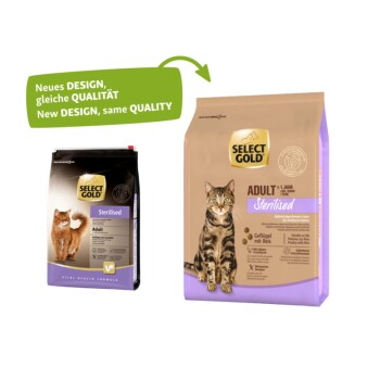 Zwei Tüten Select Gold Katzenfutter: eine für "Sterilised Adult" mit einer getigerten Katze, die andere mit einer flauschigen Katze. Text: "Neues DESIGN, gleiche QUALITÄT."