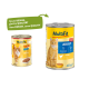 Deux boîtes de nourriture pour chats MultiFit, une petite et une grande, avec un chat sur l'étiquette et du texte en allemand et en anglais sur le design et la qualité.