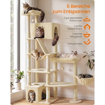 Beigefarbener mehrstöckiger Kratzbaum mit sechs Katzen am Fenster; deutscher Text „6 Bereiche zum Entspannen“ mit Auflistung der Funktionen.