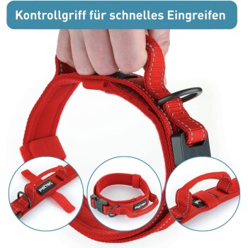 Rotes Haustiergeschirr mit verstellbaren Riemen, sicherem Verschluss und Kontrollgriff. Text: "Kontrollgriff für schnelles Eingreifen."