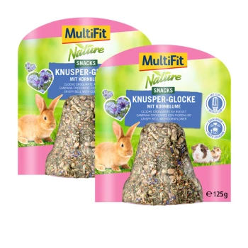 Knusper-Glocke 2x125g Kornblume Zwei Pakete MultiFit Nature Snacks, beschriftet mit "Knusper-Glocke mit Kornblume," mit einer knusprigen Glocke, einem Kaninchen und einem Meerschweinchen.