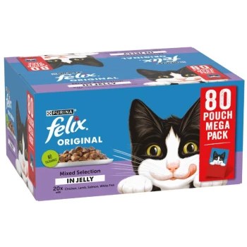 Purina Felix Original Mixed Selection in Jelly, 80 pouch mega pack featuring chicken, lamb, salmon, and white fish, with a playful cat image.