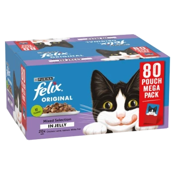 Purina Felix Original Mixed Selection in Jelly, 80 pouch mega pack featuring chicken, lamb, salmon, and white fish, with a playful cat image.