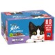 Purina Felix Original Mixed Selection in Jelly, 80 pouch mega pack featuring chicken, lamb, salmon, and white fish, with a playful cat image.