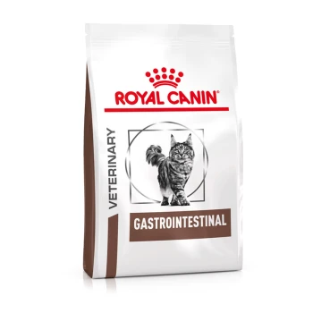 Sac de nourriture pour chats Royal Canin Veterinary Gastrointestinal avec une illustration de chat tigré gris et un logo rouge.