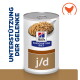 Dose Hill's Prescription Diet j/d Nassfutter, Löffel mit Stücken, Hühnersymbol; vertikaler Text 'UNTERSTÜTZUNG DER GELENKE'.
