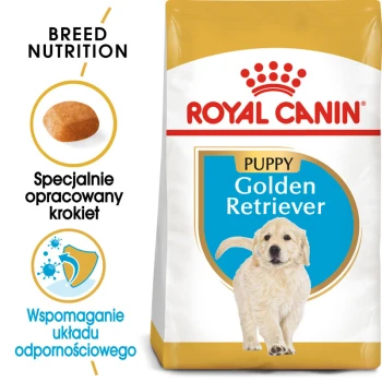 Torba z karmą dla szczeniąt rasy Golden Retriever Royal Canin, z żywieniem dostosowanym do rasy, specjalnie opracowanymi krokietami i ikonami wsparcia układu odpornościowego.