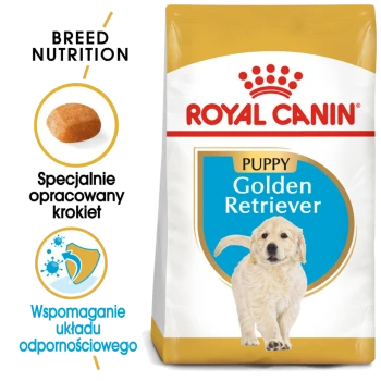 Torba z karmą dla szczeniąt rasy Golden Retriever Royal Canin, z żywieniem dostosowanym do rasy, specjalnie opracowanymi krokietami i ikonami wsparcia układu odpornościowego.