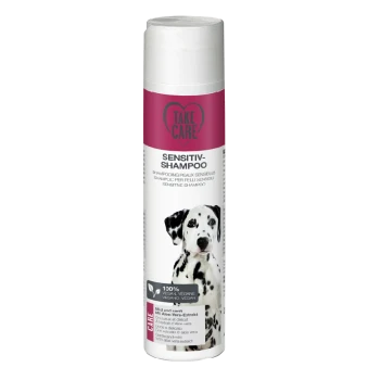 Fles 'Take Care' Sensitive Shampoo voor honden, met een Dalmatiër op het label, gemarkeerd als 100% vegan met aloë vera-extract.