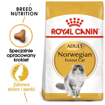 Torba suchej karmy Royal Canin dla dorosłych kotów rasy norweskiej z szarym i białym kotem, z tekstem podkreślającym odżywianie rasy i zdrową skórę.