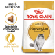 Torba suchej karmy Royal Canin dla dorosłych kotów rasy norweskiej z szarym i białym kotem, z tekstem podkreślającym odżywianie rasy i zdrową skórę.