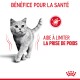Un chat gris marchant avec une posture saine, accompagné d'un texte indiquant "BÉNÉFICE POUR LA SANTÉ" et "AIDE À LIMITER LA PRISE DE POIDS."