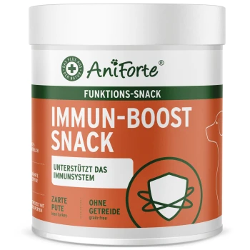 Behälter von AniForte Immun-Boost Snack für Hunde mit einem orangefarbenen Etikett, das "Unterstützt das Immunsystem" und "Ohne Getreide" angibt.