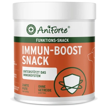 Behälter von AniForte Immun-Boost Snack für Hunde mit einem orangefarbenen Etikett, das "Unterstützt das Immunsystem" und "Ohne Getreide" angibt.