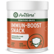 Behälter von AniForte Immun-Boost Snack für Hunde mit einem orangefarbenen Etikett, das "Unterstützt das Immunsystem" und "Ohne Getreide" angibt.
