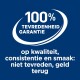 100% tevredenheidsgarantie op kwaliteit, consistentie en smaak: niet tevreden, geld terug. Blauwe achtergrond met witte tekst.