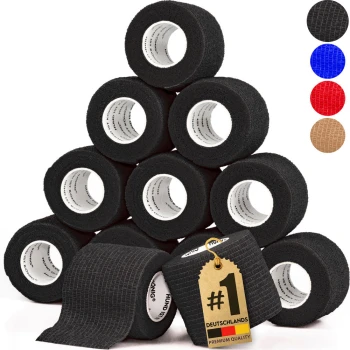 Ein Stapel schwarzer Haustierbandagenrollen mit einem Etikett, das '#1 DEUTSCHLANDS PREMIUM QUALITÄT' liest, neben Farboptionen: schwarz, blau, rot und braun.