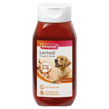 Bouteille d'huile de saumon Beaphar pour chiens, étiquetée 'Lachsöl' avec une image de golden retriever, mettant en avant les bienfaits des Omega 3+6, de l'énergie et de la vitalité.