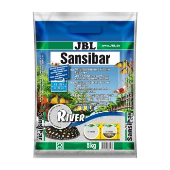 Sansibar River 5 kg JBL Sansibar River Aquariumsubstrat, 5kg Beutel, mit bunten Fischillustrationen und Text in Deutsch und Englisch über seine Verwendung für Aquarien.