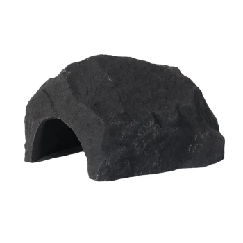 Schwarzes, steinförmiges Haustierversteck mit einem höhlenartigen Eingang, ideal für kleine Tiere, um sich sicher und geschützt zu fühlen.