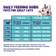 Daily Feeding Guide: paté for adult cats — table showing paté only and dry food + paté amounts by cat weight (1–2kg to 7–8kg), cartoon cat.