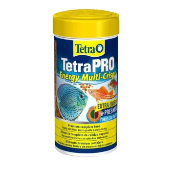 TetraPRO Energy Multi-Crisps fish food container with vibrant fish images and text: "Extra Energy + Prebiotics for Clear Water."