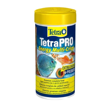 TetraPRO Energy Multi-Crisps fish food container with vibrant fish images and text: "Extra Energy + Prebiotics for Clear Water."