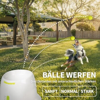 Automatischer Ballwerfer für Hunde mit drei Wurfweiten, beschriftet mit Sanft, Normal, Stark in einem sonnigen Park.