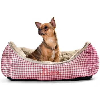 Ein gemütliches Hundebett mit einem rosa Karomuster und plüschigem Innenraum, mit dem Markennamen "HUNTER" auf der Seite gestickt.
