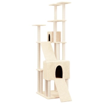 Ein hoher, beiger Katzenbaum mit mehreren Plattformen, einem gemütlichen Versteck und einer Rampe für einfachen Zugang. Ideal zum Klettern und Spielen.
