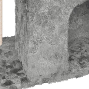 Grauer plüschiger Katzenbaum mit einem Kratzbaum und einer gemütlichen Verstecknische. Weiche Textur und einladendes Design für den Komfort von Katzen.