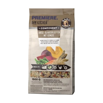 Premiere Raw Kitchen Hirse- und Haferflocken mit Gemüse, 1500g Beutel, mit buntem Gemüse und einer "Mix It!"-Anleitung.