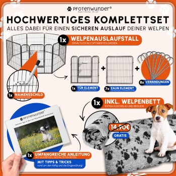 Schwarze Metall-Pet-Spielgehege-Paneele auf Gras mit einem plastikverpackten Gegenstand und einer Karte mit einem Hund auf einer Wiese, Text „#Pfotwunder“.
