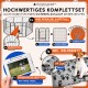 Schwarze Metall-Pet-Spielgehege-Paneele auf Gras mit einem plastikverpackten Gegenstand und einer Karte mit einem Hund auf einer Wiese, Text „#Pfotwunder“.