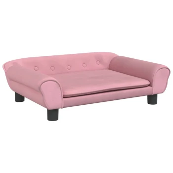 Rosa Haustiersofa mit abgerundeten Armen und Knopfdetails, ausgestattet mit einem abnehmbaren Kissen und schwarzen Beinen.