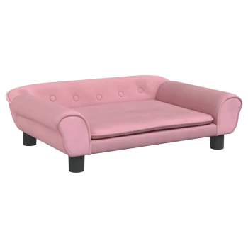 Rosa Haustiersofa mit abgerundeten Armen und Knopfdetails, ausgestattet mit einem abnehmbaren Kissen und schwarzen Beinen.