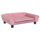 Rosa Haustiersofa mit abgerundeten Armen und Knopfdetails, ausgestattet mit einem abnehmbaren Kissen und schwarzen Beinen.