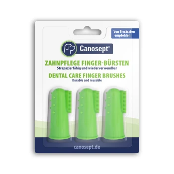 Canosept-Blister mit drei grünen Zahnpflege-Fingerbürsten, beschriftet 'DENTAL CARE FINGER BRUSHES'.