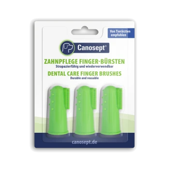 Canosept-Blister mit drei grünen Zahnpflege-Fingerbürsten, beschriftet 'DENTAL CARE FINGER BRUSHES'.