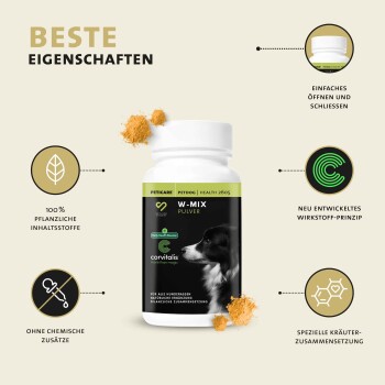 Flasche mit Wurm-Mix-Pulver für Hunde, mit einem schwarzen Etikett mit grünen Akzenten, das 100% pflanzliche Zutaten und keine chemischen Zusätze hervorhebt.