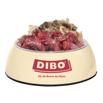 Schüssel mit Tierfutter, gefüllt mit verschiedenen Fleischsorten, mit dem DIBO-Logo und dem Text "Für die Besten das Beste."