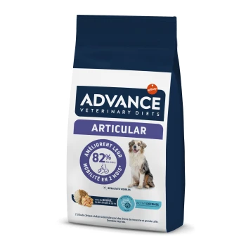 Un sac de nourriture pour chiens Advance Veterinary Diets Articular avec un chien sur le devant, avec un texte soulignant une amélioration de 82% de la mobilité en 2 mois.