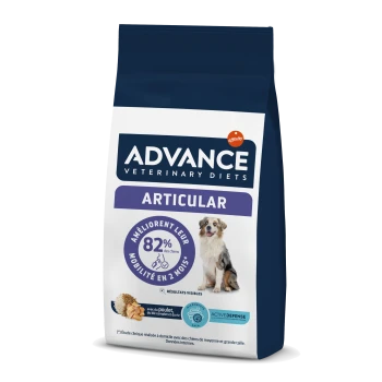 Un sac de nourriture pour chiens Advance Veterinary Diets Articular avec un chien sur le devant, avec un texte soulignant une amélioration de 82% de la mobilité en 2 mois.