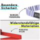 Bild zeigt zwei Haustiergeschirre: ein helllila, beschriftet mit 'Bungee-Federung' für Sicherheit und ein rotes aus 'Robustes Nylon' für Haltbarkeit.