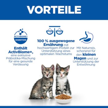Zwei Kätzchen sitzen neben einer Schale mit Trockenfutter, Text hebt ActivBiome+ für Verdauung, ausgewogene Ernährung und sanften Reis für kleine Mägen hervor.