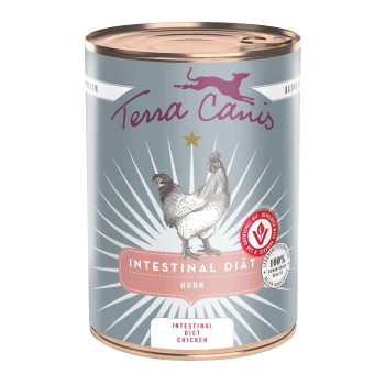 Terra Canis Dose beschriftet 'Intestinal Diät Huhn' / 'Intestinal Diet Chicken' mit Hahnenillustration