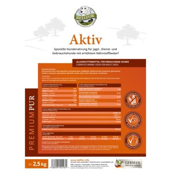 Verpackung für Hundefutter von Bellfor "Aktiv", mit Zutaten, Nährwertinformationen und dem Anspruch, glutenfrei und proteinreich zu sein.