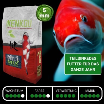 Kenkou Koi-Futterbeutel mit einem roten und weißen Koi-Fischbild, mit dem Text "Nr. 1 MIX" und "Teilsinkendes Futter für das ganze Jahr".